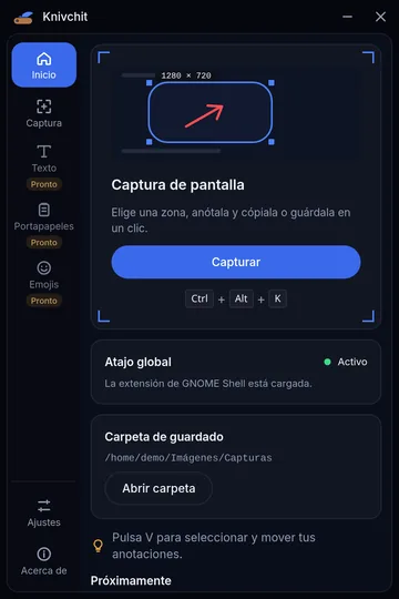 Interface preview of the Knivchit main window: a narrow column with the sidebar, the capture card and the global shortcut status.