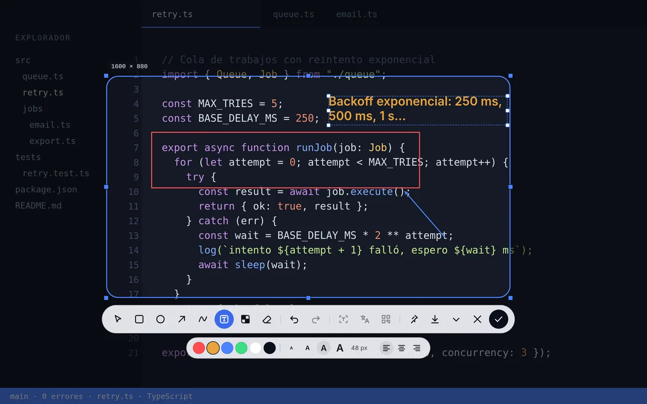Interface preview of the Knivchit capture overlay: a rounded selection over a dimmed, simulated desktop with an arrow, a rectangle and a mosaic area, and the annotation toolbar below.