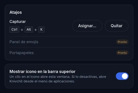 Interface preview of the shortcuts card in Knivchit's settings, with the capture shortcut recorded.